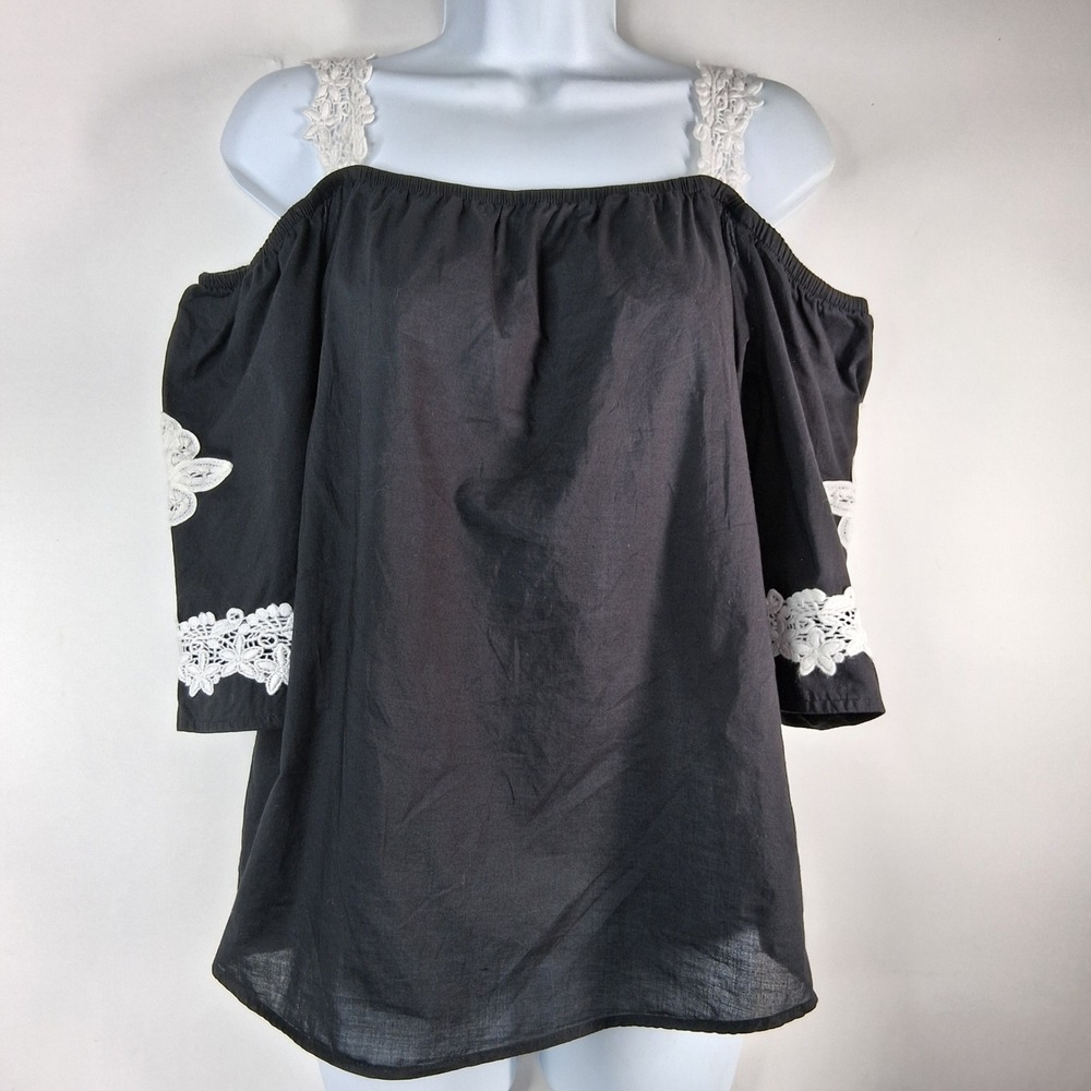 Vava by Joy Han Black Off Shoulder Lace Trim Cotton Top S VT-7194